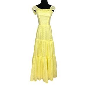 Vintage Handmade Eyelet Lace Maxi Dress Tiered Lemon Yellow Cottage Prairie